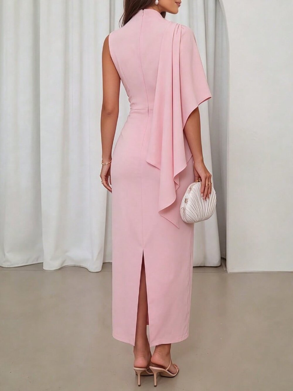 Pink Elegant Women's Party Minimalist High Neck Bodycon Dress - Picture 2 of 5